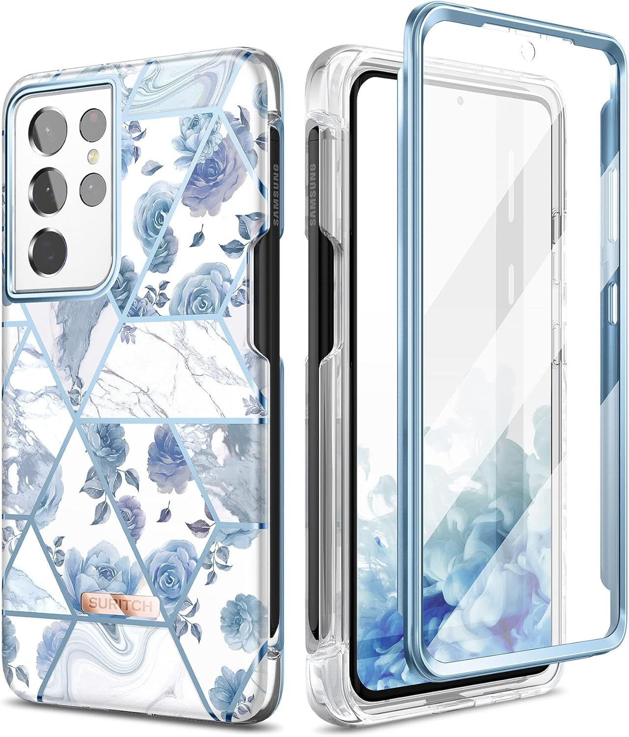 SURITCH Phone Case for Samsung Galaxy S21 Ultra with S-Pen Holder Front Cover Built-In Screen Protector Upgraded Dual-Layer Full Body Protection Anti-Scratch Shockproof for Woman Man, Purple Marble  SURITCH Blue Rose  