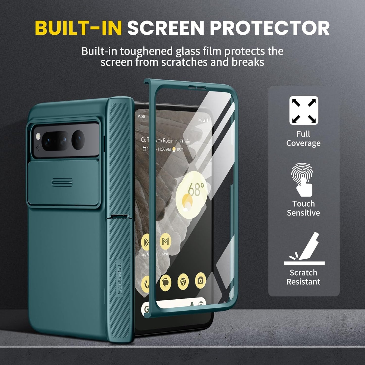 Tongate for Pixel Fold Case, [Built-In Slide Camera Cover & Screen Protector] [Hinge Protection] Military Grade Matte Phone Case with Hidden Kickstand for Google Pixel Fold 5G (2023), Green  Tongate   