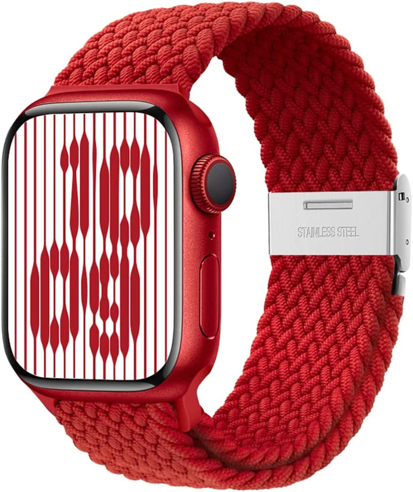 Qimela Compatible with Apple Watch Band 49Mm 45Mm 44Mm 42Mm,Stretchy Sport Solo Loop Strap with Adjustable Buckle,Elastic Nylon Braided Wristband for Iwatch Series 8 7 6 SE 5 4 3 2 1 Ultra,Women Men  FS-TECH Red 42mm/44mm/45mm/49mm 