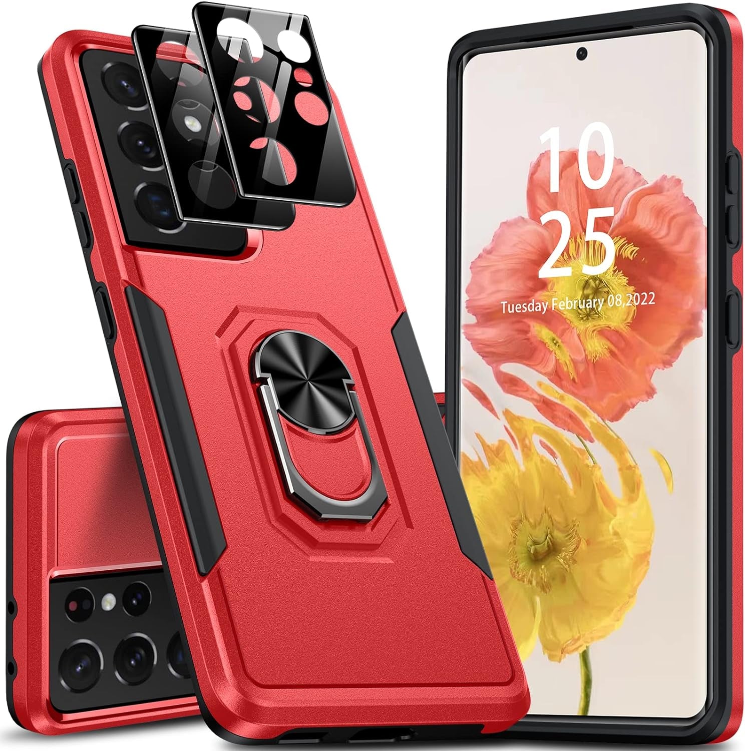 Oterkin for S21 Ultra Case 5G,Samsung Galaxy S21 Ultra Case with [2 X 9H Lens Protectors][Adjustable Ring Kickstand] Shockproof Anti-Scratch Heavy Duty Phone Case for Galaxy S21 Ultra (Pink)  Oterkin Red  