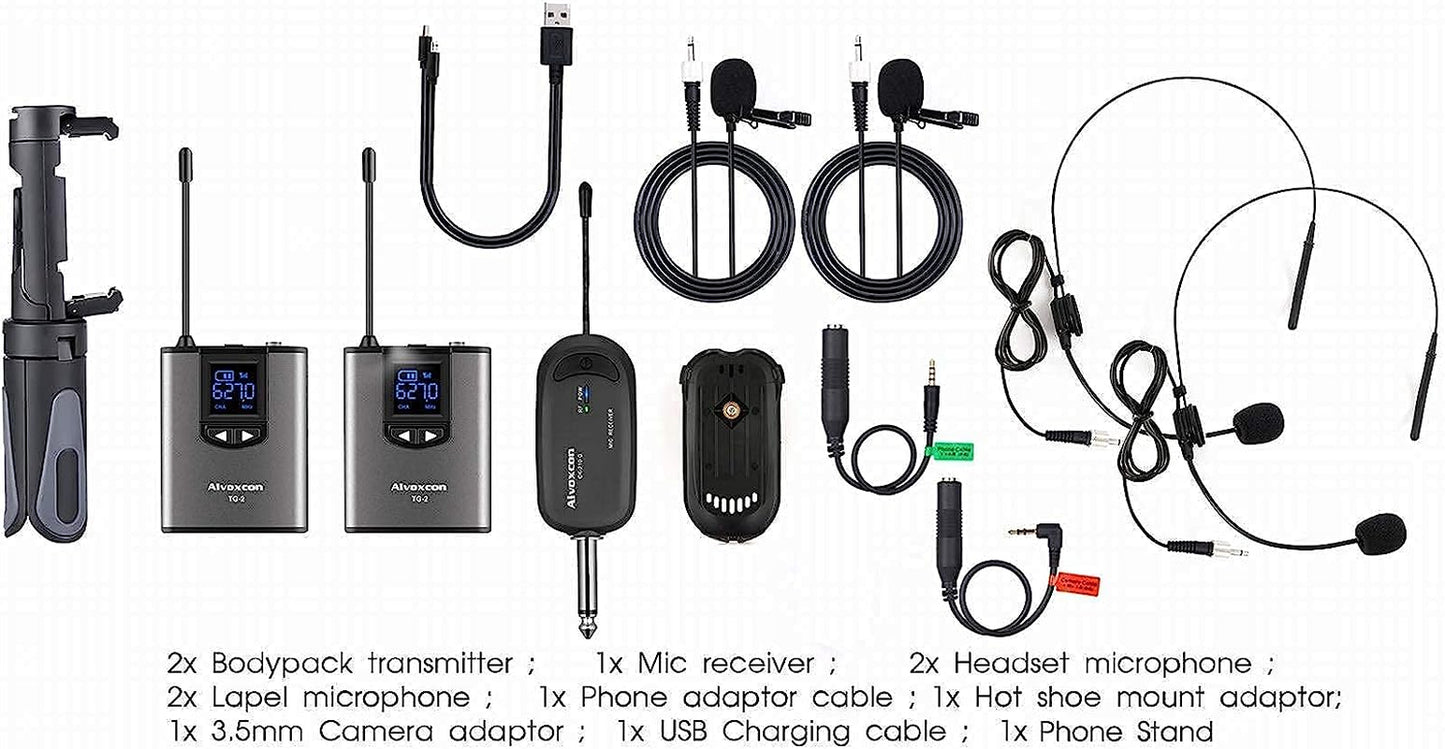 Alvoxcon Wireless Headset Lavalier Microphone System with Phone Holder Dual Wireless Lapel Mic for Iphone, DSLR Camera, PA Speaker, Youtube, Zoom, Podcast, Video Recording, Conference, Vlogging,  Alvoxcon   