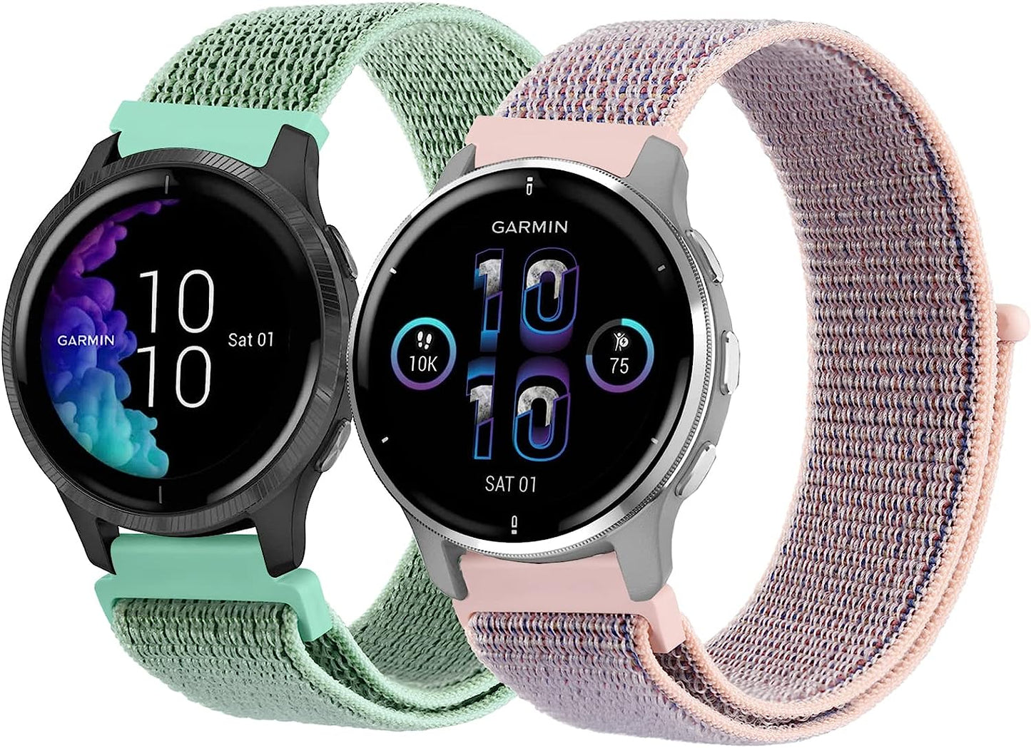 2 Pack Bands for Garmin Venu / Venu 2 plus / Venu Sq Watch Band Women Men, Soft Nylon Adjustable Replacement Wristband Strap for Garmin Vivomove Sport, Vivoactive 3 / 3 Music, Forerunner 645 / 245 Music Smart Watch  Wanme Pink Sand+Marine Green  