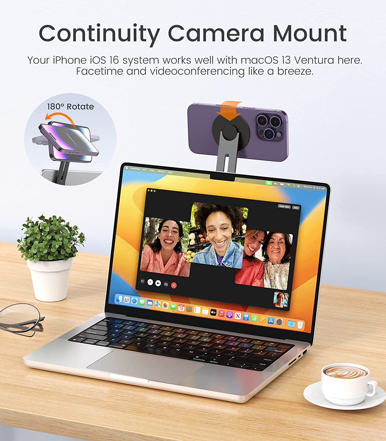 Moko Magnetic Laptop Phone Holder, 180° Adjustable Continuity Camera Mount for Ios 16/Macos 13 Ventura, Fits Iphone 14/13/12 Series, Slim Computer Expansion Bracket Stand for Smartphone, Black  MoKo   