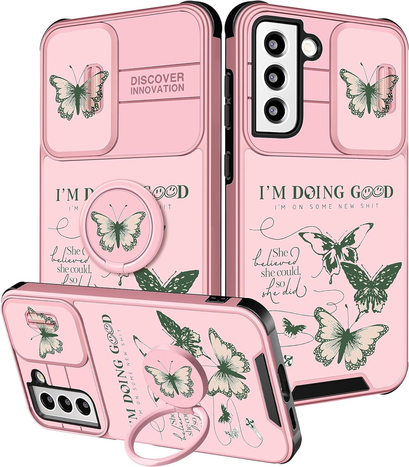 Funermei (2In1 for Samsung Galaxy S22 plus Case for Women Butterfly Cute Girls Cover Girly Pretty Kawaii Black Butterfly Design with Camera Cover and Ring Stand Funda for Galaxy S22 plus Phone Case  Funermei 1-For S22 Plus-Green Butterfly  