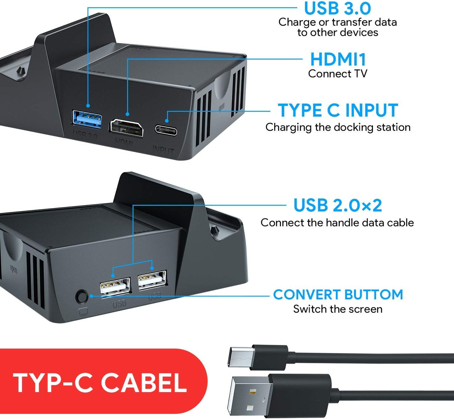 WATSABRO Switch Dock, Switch Charging Docking Station for Nintendo, Switch Docking Station Charger with Dust Plugs, Nintendo Switch Docking Station Supporting 4K1080P HDMI Video Port and USB3.0 Port  WATSABRO   