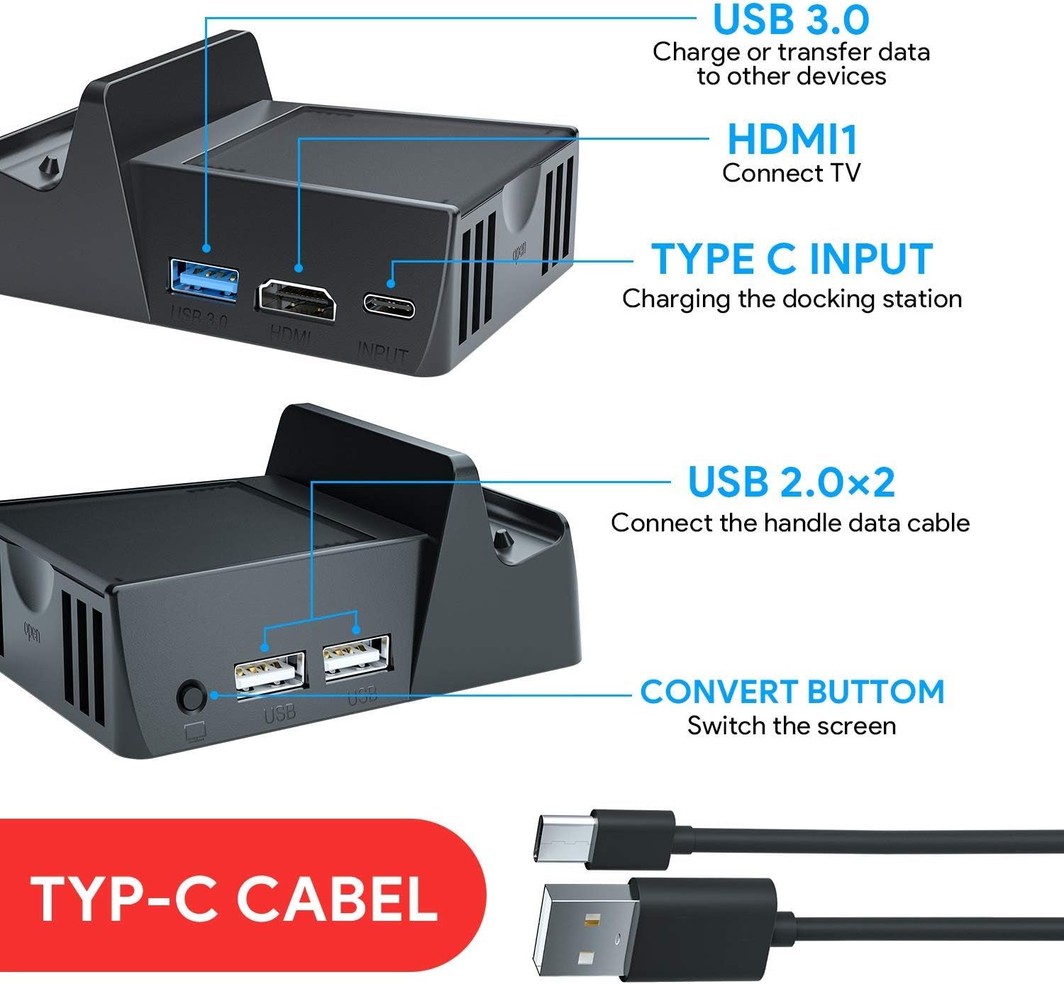 WATSABRO Switch Dock, Switch Charging Docking Station for Nintendo, Switch Docking Station Charger with Dust Plugs, Nintendo Switch Docking Station Supporting 4K1080P HDMI Video Port and USB3.0 Port  WATSABRO   