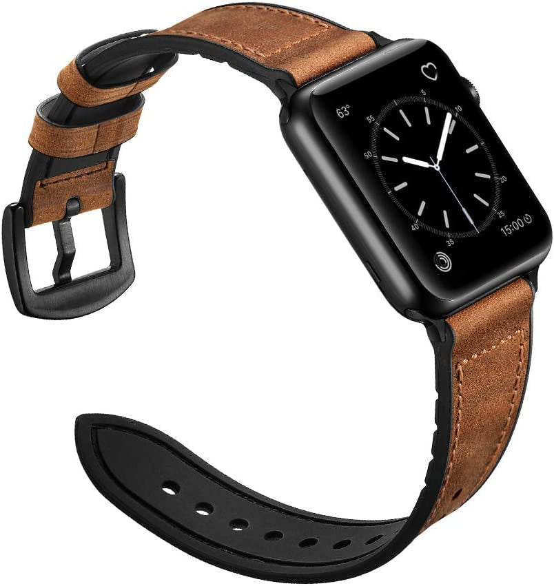 OUHENG Compatible with Apple Watch Band 49Mm 45Mm 44Mm 42Mm, Sweatproof Genuine Leather and Rubber Hybrid Band Strap for Iwatch Ultra Series 8 7 6 5 4 3 2 1 SE2 SE, Brown Band with Black Adapter  OUHENG   