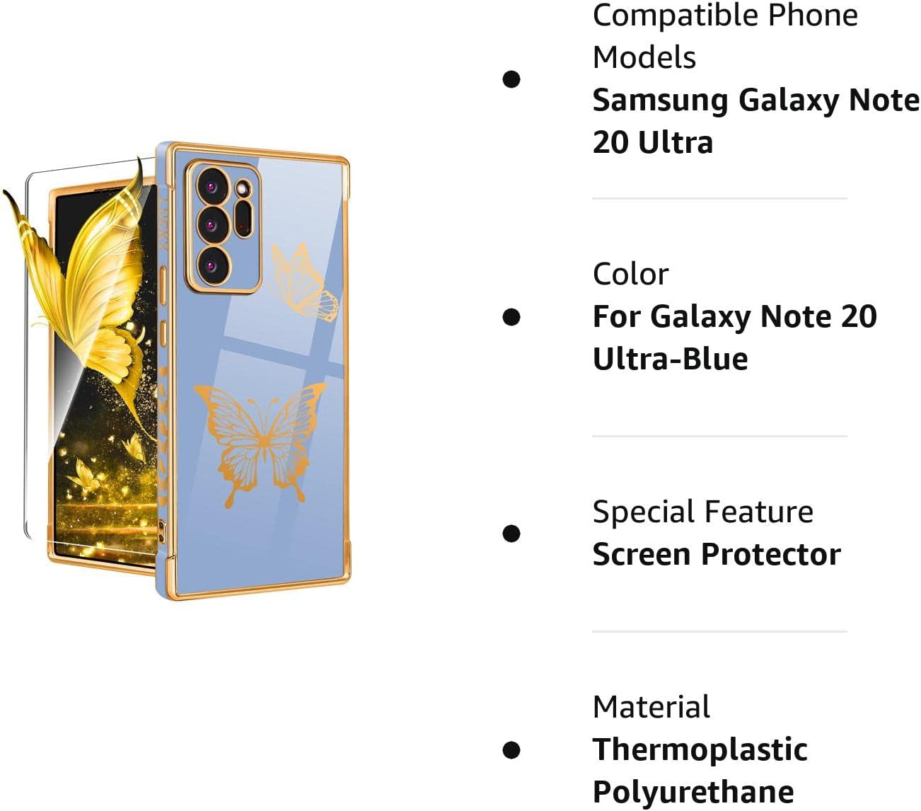 Coralogo for Samsung Galaxy Note 20 Ultra Case Butterfly for Women Girls Girly Pretty Phone Cases Cute Blue Gold Plating Butterflies Design with Screen Aesthetic Cover for Galaxy Note 20 Ultra 5G 6.9"  Coralogo   