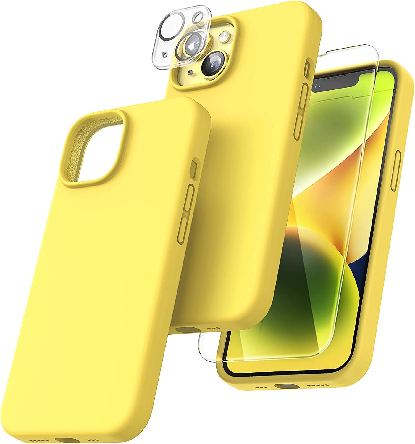 TOCOL [5 in 1 for Iphone 14 Case, with 2 Pack Screen Protector + 2 Pack Camera Lens Protector, Slim Liquid Silicone Phone Case 14 6.1 Inch, [Anti-Scratch] [Drop Protection], Midnight Blue  TOCOL Canary Yellow  