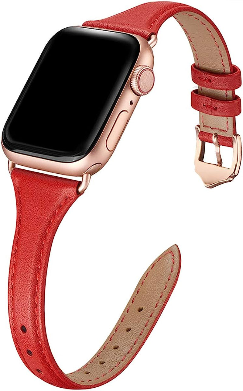 WFEAGL Leather Bands Compatible with Apple Watch Band 38Mm 40Mm 41Mm 42Mm 44Mm 45Mm 49Mm Women, Top Grain Leather Strap Slim & Thin Replacement Wristband for Iwatch Ultra SE & Series 8 7 6 5 4 3 2 1  WFEAGL Red/RoseGold 38mm 40mm 41mm 