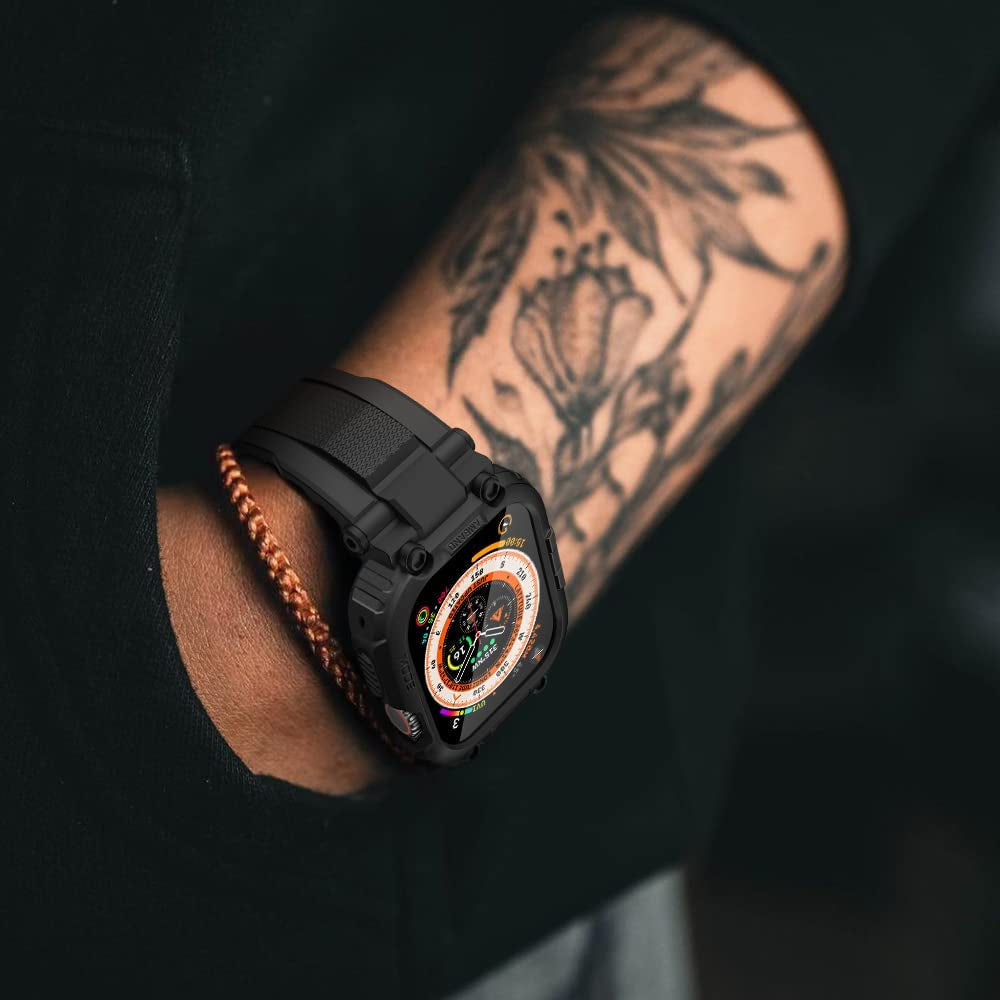 Amband Bands Case Screen Protector Compatible with Apple Watch Ultra 49Mm, M1 Sport Series Rugged Cover Strap and 2 Pack Tempered Glass Film, Military Protective Bumper for Iwatch 49 Mm Men Black  amBand   