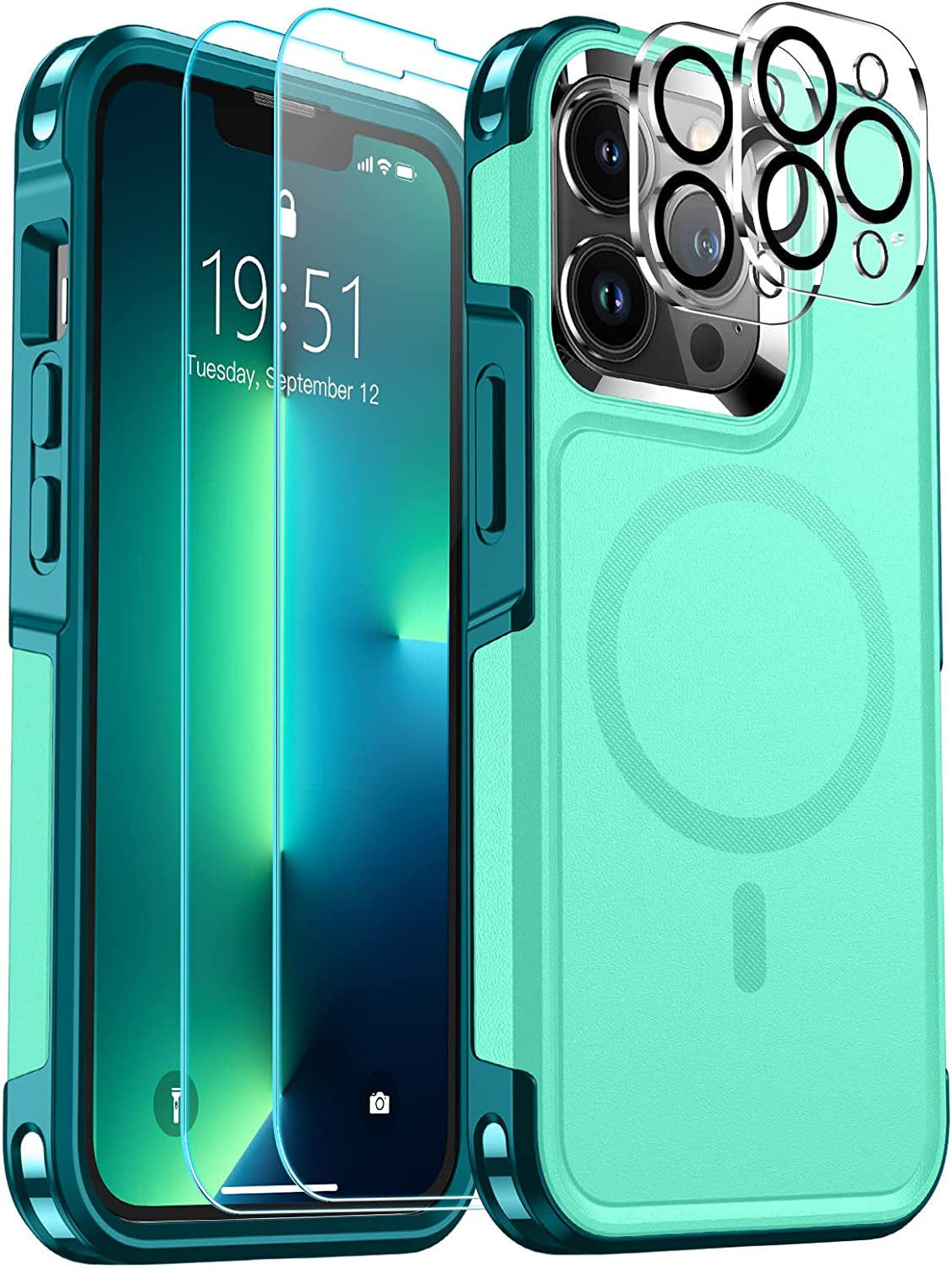 SUPFINE 5 in 1 Magnetic Iphone 13 Pro Max Case[Compatible with Magsafe][10 FT Military Grade Drop Protection] [2+Tempered Glass Screen Protector, 2+ Camera Lens Protector] Non-Slip,Light Green  SUPFINE   