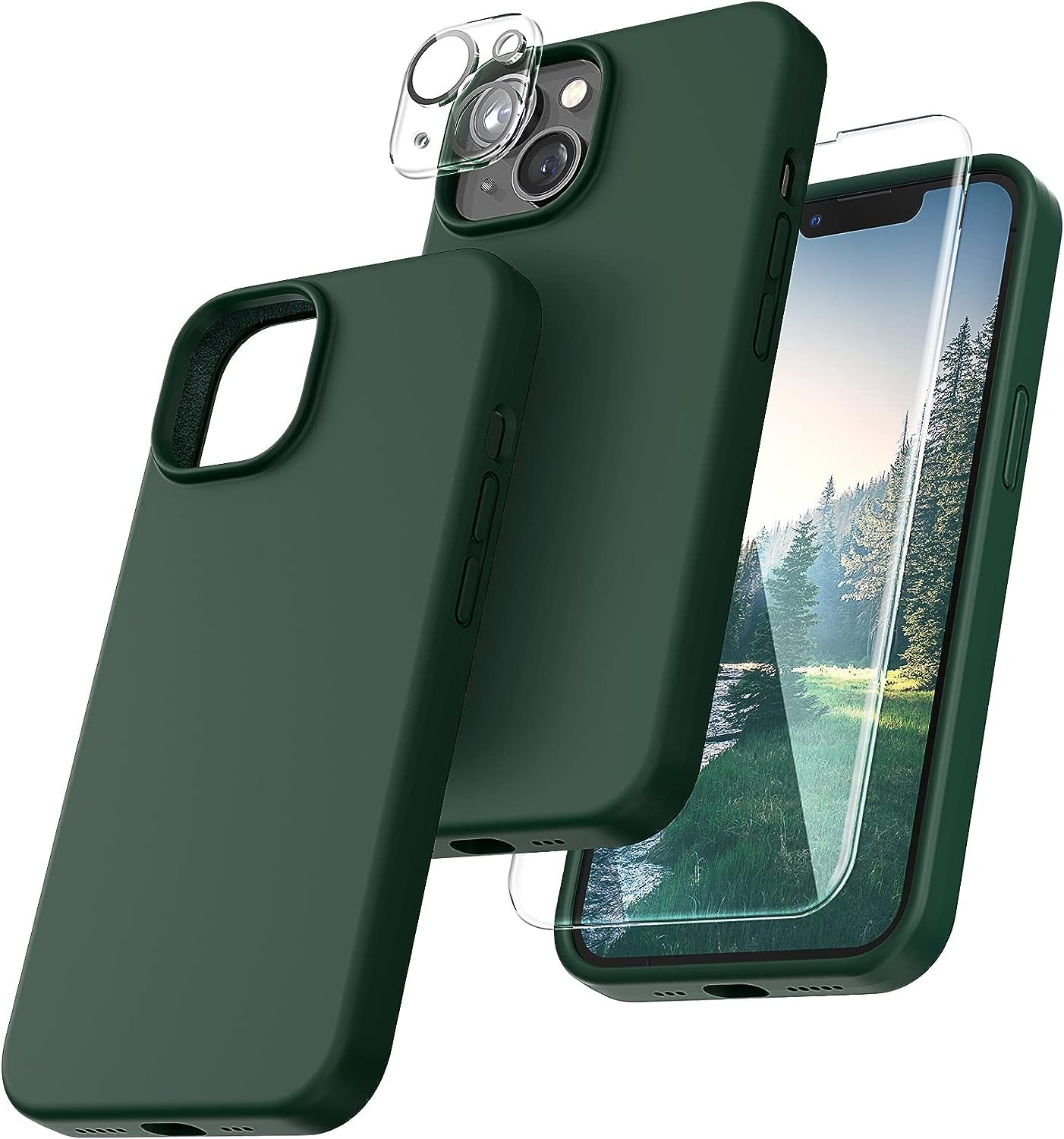 TOCOL 5 in 1 for Iphone 14 plus Case, 2X Screen Protector + 2X Camera Lens Protector, Slim Liquid Silicone Phone Case for Iphone 14 plus 6.7 Inch, [Anti-Scratch] [Drop Protection], Canary Yellow  TOCOL Alpine Green  