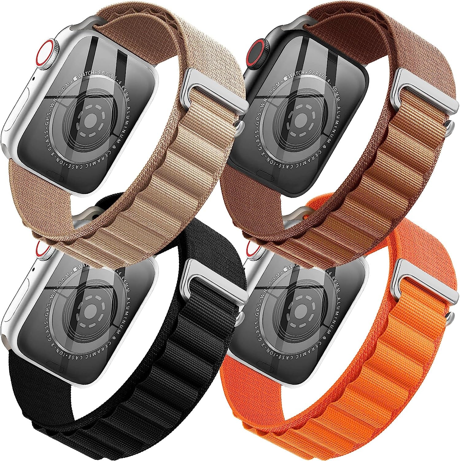 4 Pack Alpine Loop Nylon Band Compatible with Apple Watch Band 42Mm 44Mm 45Mm 49Mm Women Men, Adjustable with Metal G-Hook Strap for Iwatch Ultra Series SE 8/7/6/5/4/3/2/1,Black/Orange/Starlight/Green  FnKer Black/Orange/Brown/Gold 42/44/45/49mm 