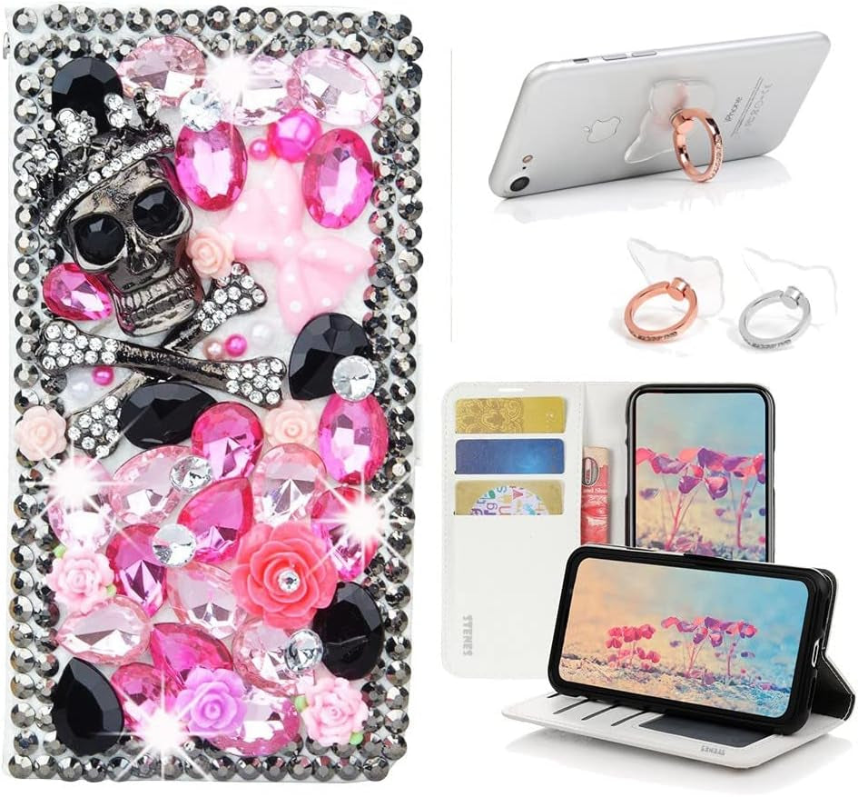STENES Bling Wallet Case Compatible with LG V40 Thinq - Stylish - 3D Handmade Sexy Girls Bag High Heel Lips Leather Cover with Ring Stand Holder [2 Pack] - Pink  STENES Skull Rose Flowers / Pink Design For Samsung Galaxy Z Fold 3 5G Case 