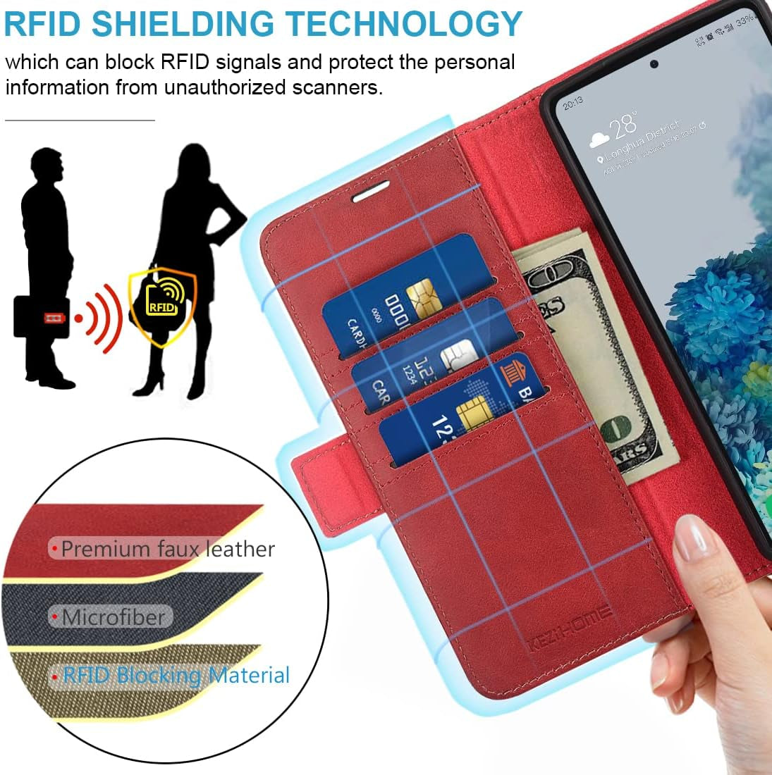 Kezihome Case for Google Pixel 7A, Genuine Leather Wallet Case with Card Holder [RFID Blocking] Kickstand Flip Protective Heavy Duty Phone Cover for Google Pixel 7A 5G 2023 (Red/Brown)  KEZiHOME   