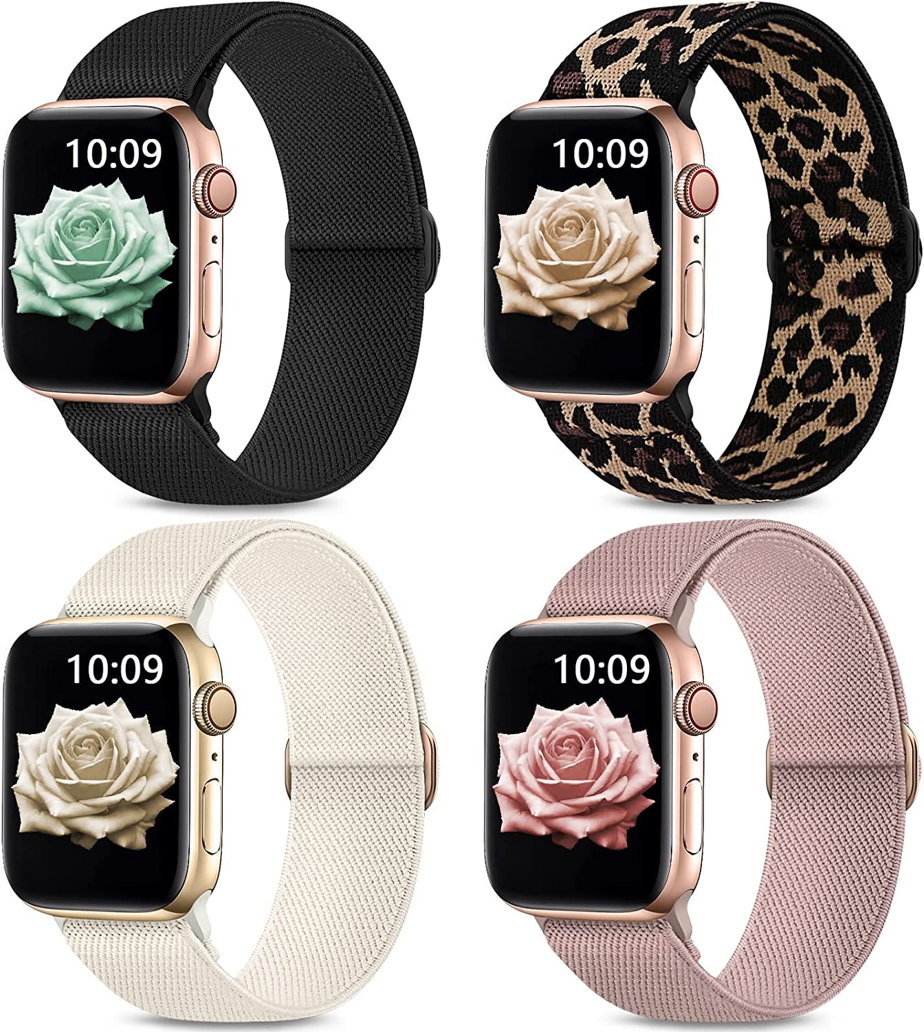 Stretchy Nylon Bands Compatible with Apple Watch Band 38Mm 40Mm 41Mm 42Mm 44Mm 45Mm 49Mm for Women Men, Elastic Solo Loop Adjustable Sport Braided Strap for Iwatch Series 8 7 SE 6 5 4 3 2 1,4 Packs  Sunnywoo Black/Starlight/Deep Pink/Leopard 42/44/45/49mm 
