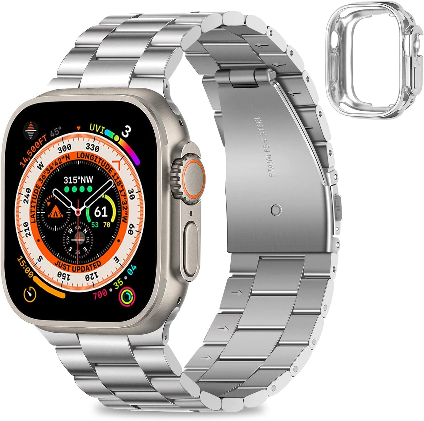 HITZEE Compatible with Apple Watch Band 45Mm 44Mm 42Mm Business Stainless Steel Metal Strap Men Women Link Bands with Case Compatible for Apple Watch SE Series 8 7 6 5 4 3 2 1, 42/44/45Mm Starlight  HITZEE Silver 49mm/Ultra 