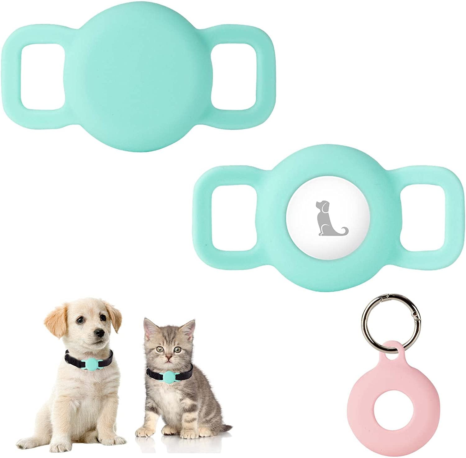 Puppydoggy 2 Pack Airtag Holder for Collar, Dog Cat Tracker Case, Silicone Airtag Case Waterproof, Scratch-Resistant, Anti-Lost & 1 Pack Airtag Keychain Holder for Bag, Suitcase (Small, Yellow)  Demao Mint Green Small 