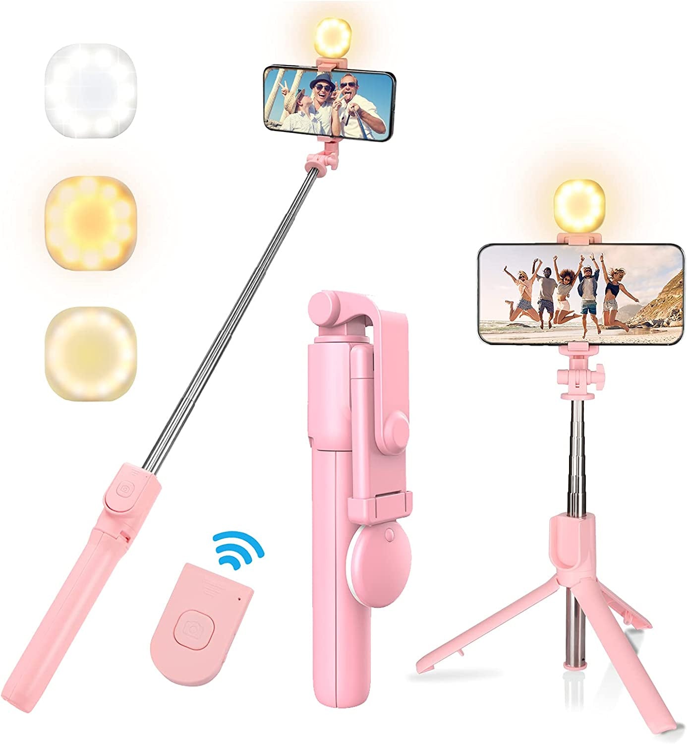 Selfie Stick & Phone Tripod,Mqouny Portable Selfie Fill Light,Portable All-In-One Professional Travel Tripod with Remote, Compatible with Android/Iphone (Pink)  MQOUNY Dongguan Manxin Electronic Technology Co. , Ltd. PINK ONE  