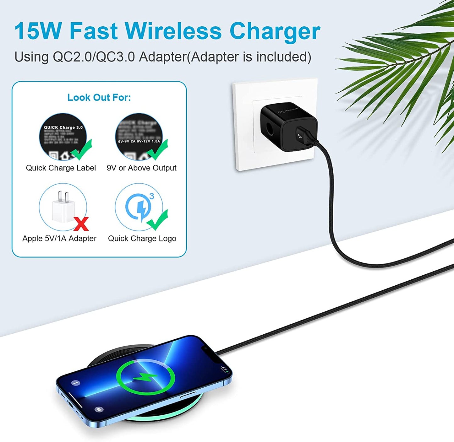 Wireless Charger, 15W Fast Wireless Charging Pad with QC 3.0 Adapter for Samsung Galaxy S23/S23 Ultra/S22/S21/S20/S10/S9/S8/S7, Z Flip4, Z Fold4, Pixel 7A/7/7 Pro/6/5/4 XL, Iphone 14/13/12/11/X/8, LG  Shenzhen Chuang Wei Da Technology Co., LTD   