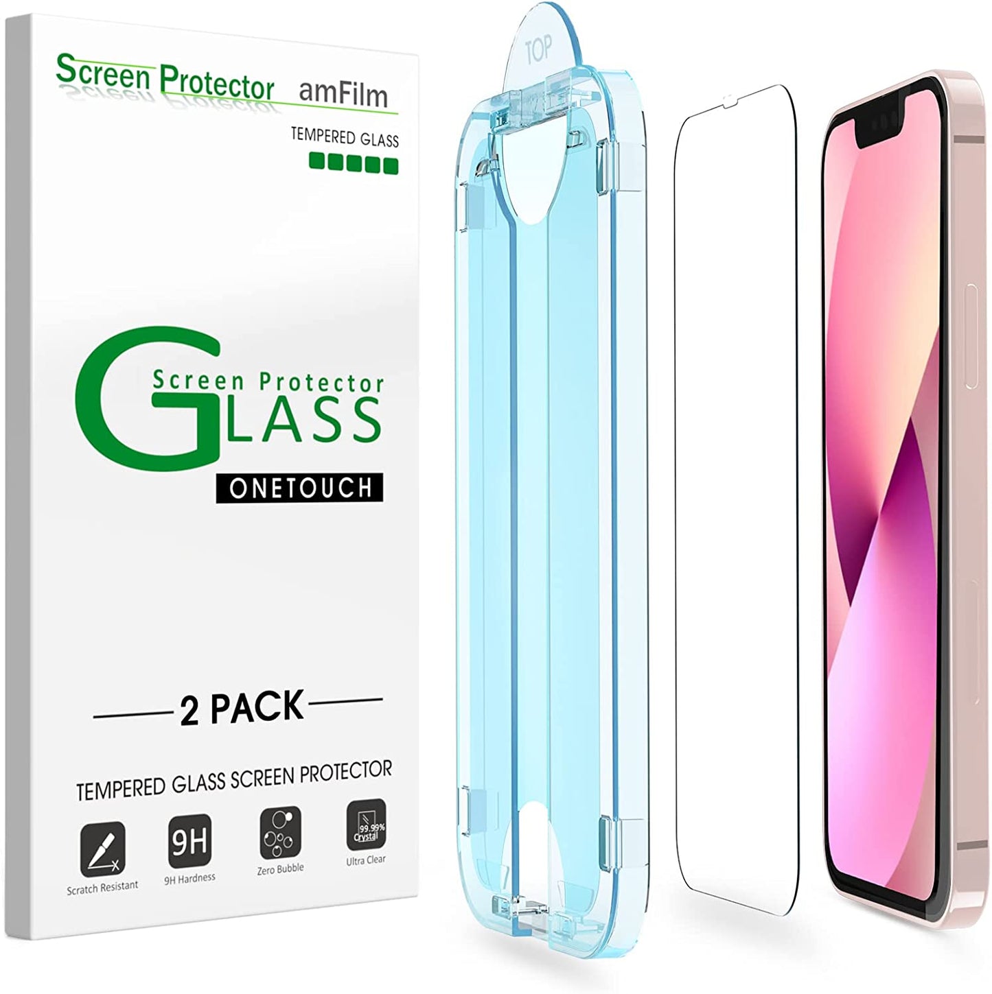 Amfilm Onetouch Glass Screen Protector Compatible with Iphone 13 Mini 5.4" 2021 with Easy Installation Kit, Full Coverage Case Friendly, Tempered Glass, 2 Pack  TechMatte   