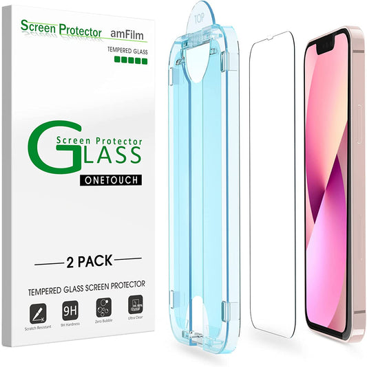 Amfilm Onetouch Glass Screen Protector Compatible with Iphone 13 Mini 5.4" 2021 with Easy Installation Kit, Full Coverage Case Friendly, Tempered Glass, 2 Pack  TechMatte   