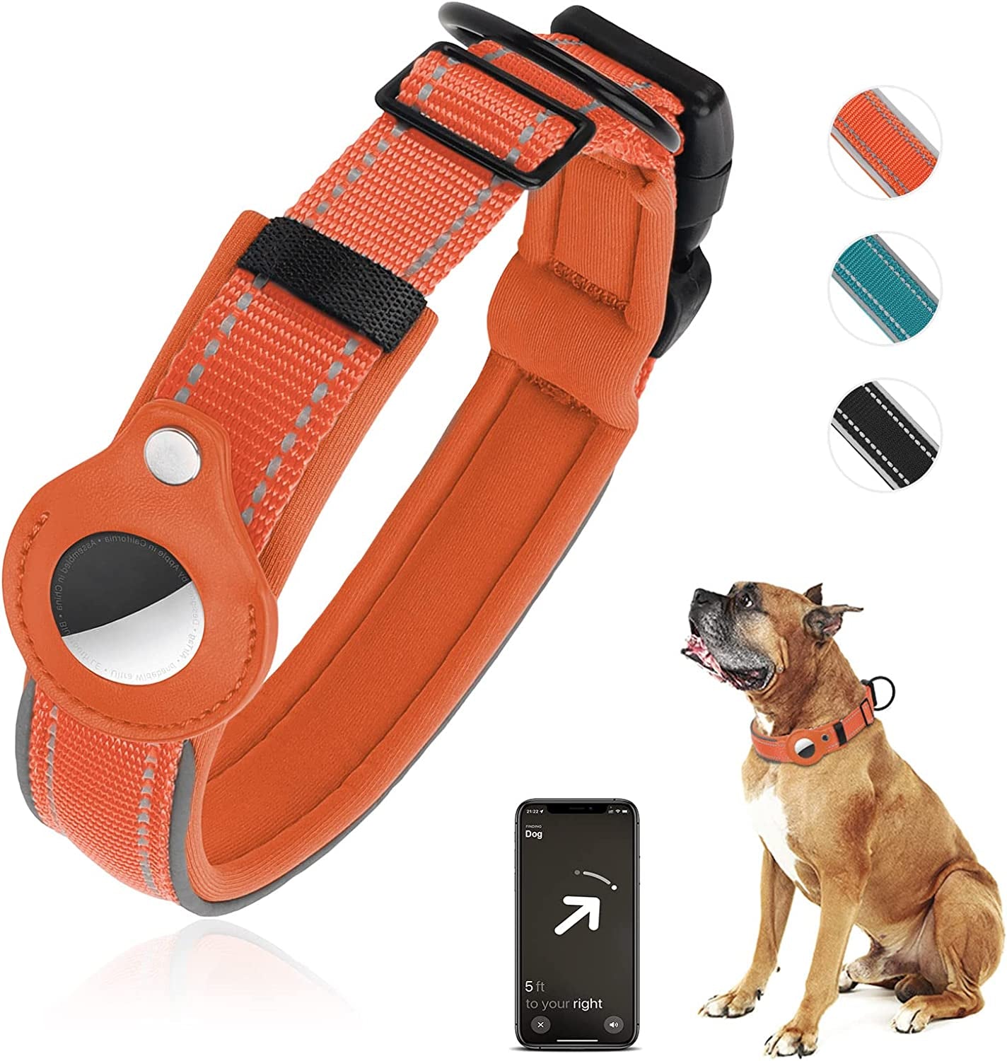 Airtag Dog Collar, PETNANNY Reflective Dog Collar with Airtag Holder Case, Padded Heavy Duty Dog Collar for Airtag, Adjustable Air Tag Pet Collar for Medium Large Dogs (Blue, M(15-18"))  PETNANNY Orange XL(19-22") 