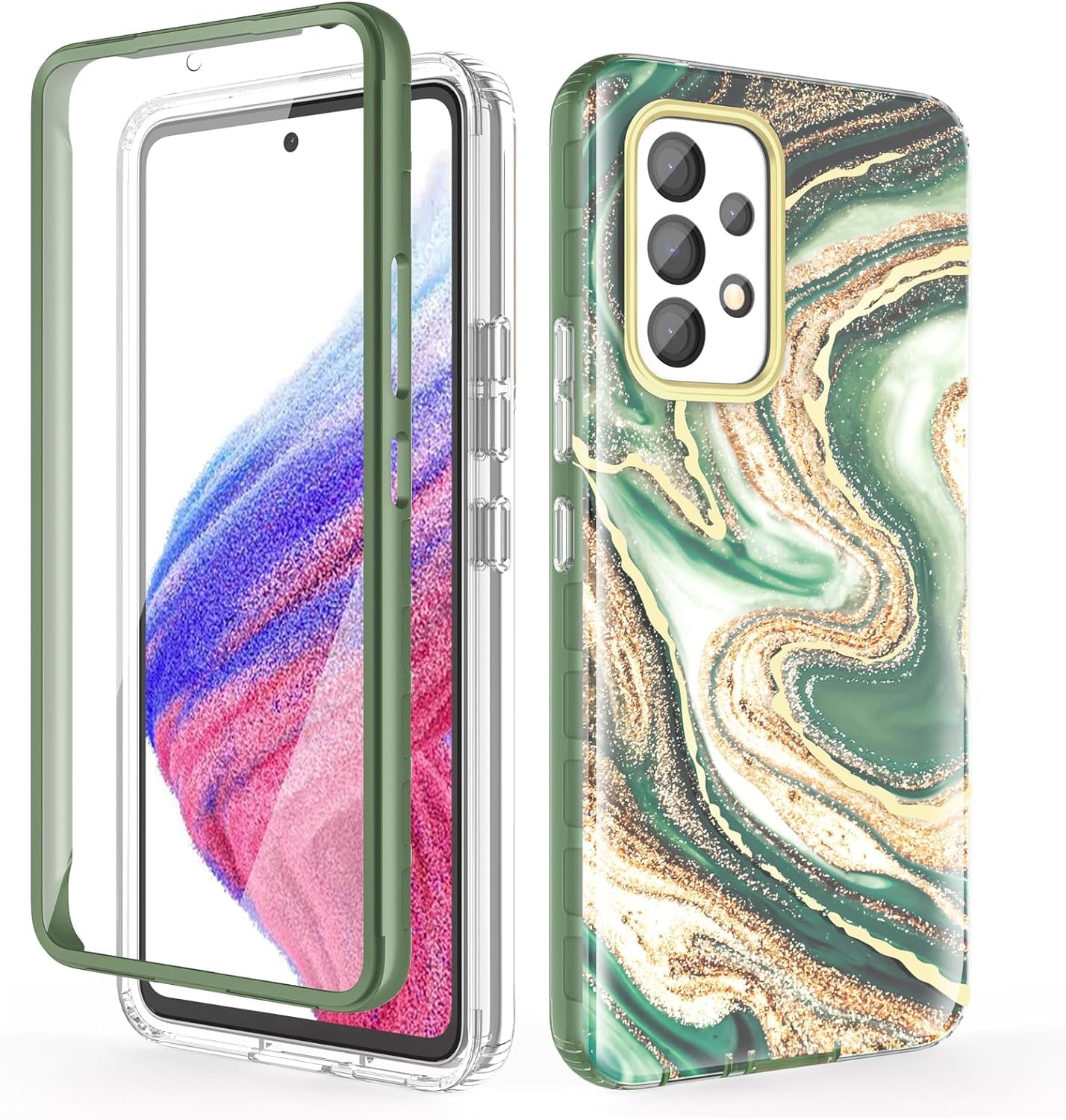Chvelop Case Compatible with Samsung Galaxy A53 5G (2022 Released), Marble Stylish Slim Soft TPU, Full Body Protective with Built-In Screen Protector, Shockproof Cover for A53, 6.5 In, River/Purple  Chvelop Quicksand/Green Samsung Galaxy A53 5G 
