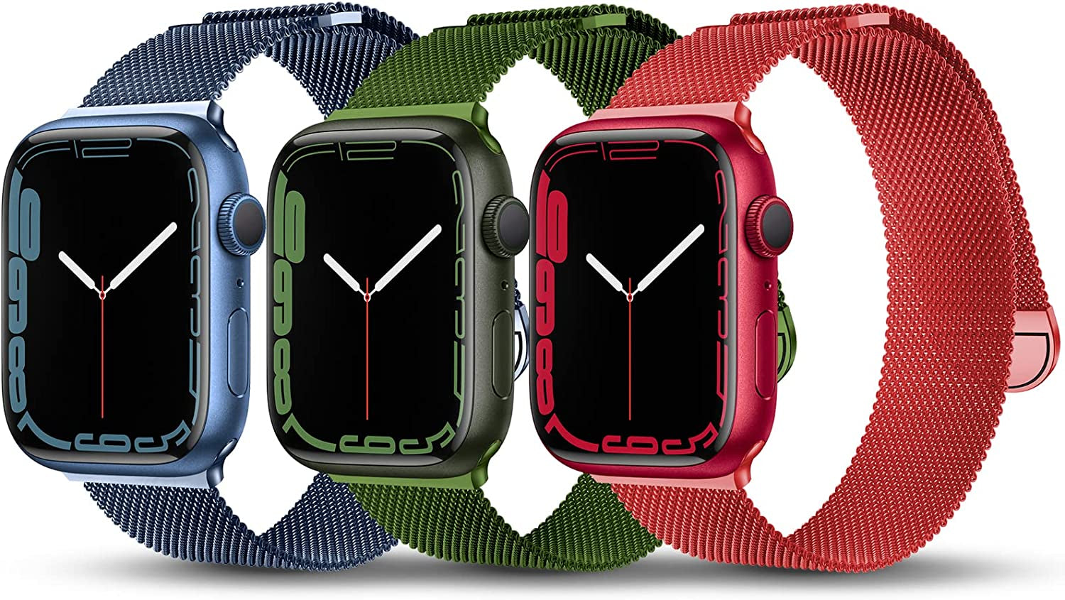 TRA 3 Pack Metal Stainless Steel Bands Compatible with Apple Watch Band 49Mm 45Mm 44Mm 42Mm 41Mm 40Mm 38Mm, Magnetic Mesh Loop Strap Wristband for Iwatch Ultra Series 8/SE/7/6/5/4/3/2/1 Men Women  TRA Blue/Grass Green/Red 42/44/45/49mm 