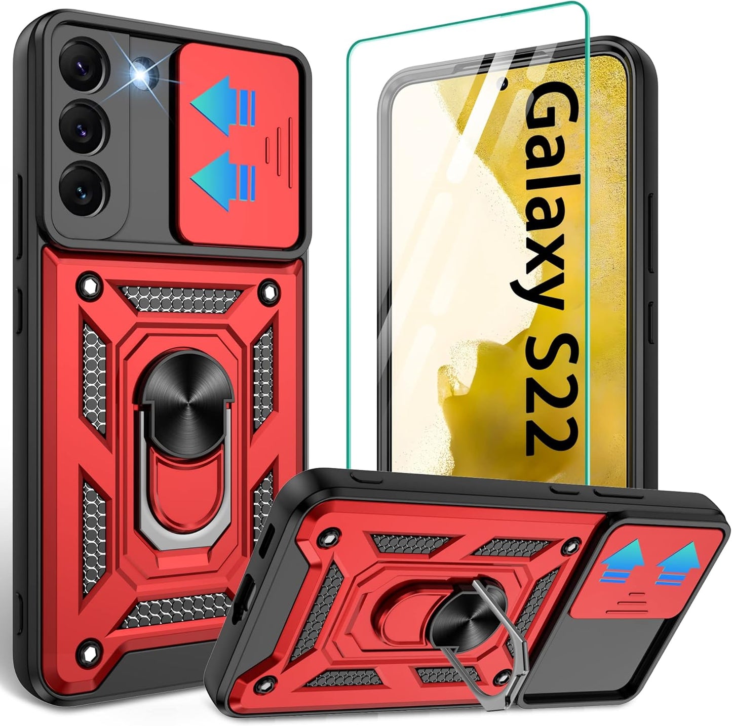 Gritup Galaxy S22 Case, Samsung Galaxy S22 Case with HD Screen Protector, [Military Grade] Shockproof Protection Case with 360° Magnetic Ring Holder Kickstand Phone Case for Samsung S22 (Blue-1)  Gritup 1-Red  