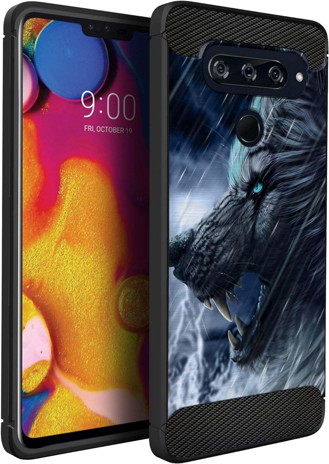 Casesondeck Slim Case Compatible with [LG V40 Thinq] Thin Scratch Preventing TPU, Matte Finish Carbon Fiber Texture Edges (Flower Skull)  CasesonDeck Artic Wolf  