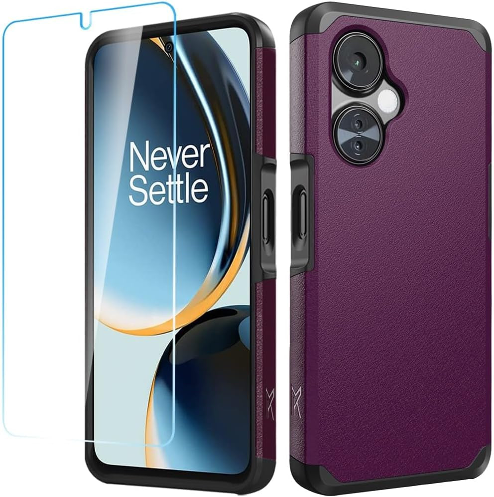 Hrwireless Compatible for Oneplus Nord N30 5G [Ring Stand] Case Cover [360 Rotation] with [HD Tempered Glass Screen Protector] Tough Hybrid [Shockproof] Original Minimalistic Design for Protection  HRWireless Dark Purple + Tempered  
