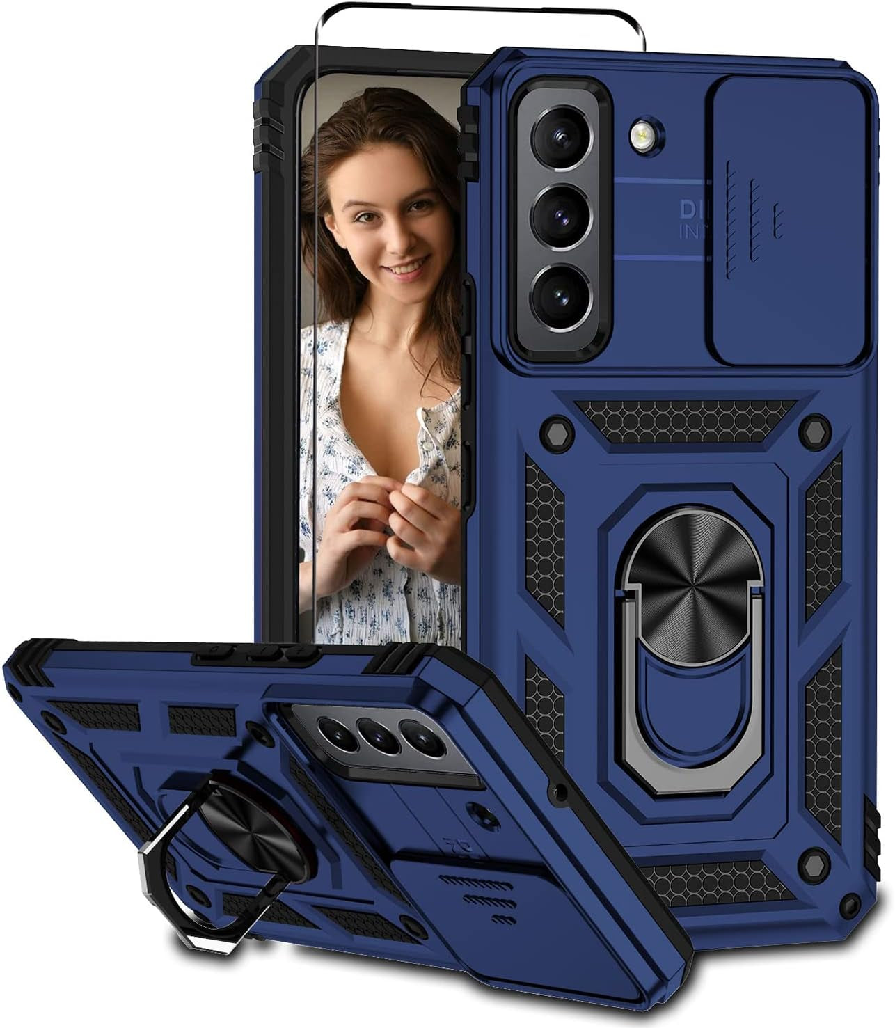 Compatible with Samsung Galaxy S22 Case with Screen Protector and Slide Camera Cover Military Grade Shockproof Heavy Duty Kickstand Bumper Car Mount Full-Body Protective for Samsung S22 Case -Silver  LEZYWONE Blue  