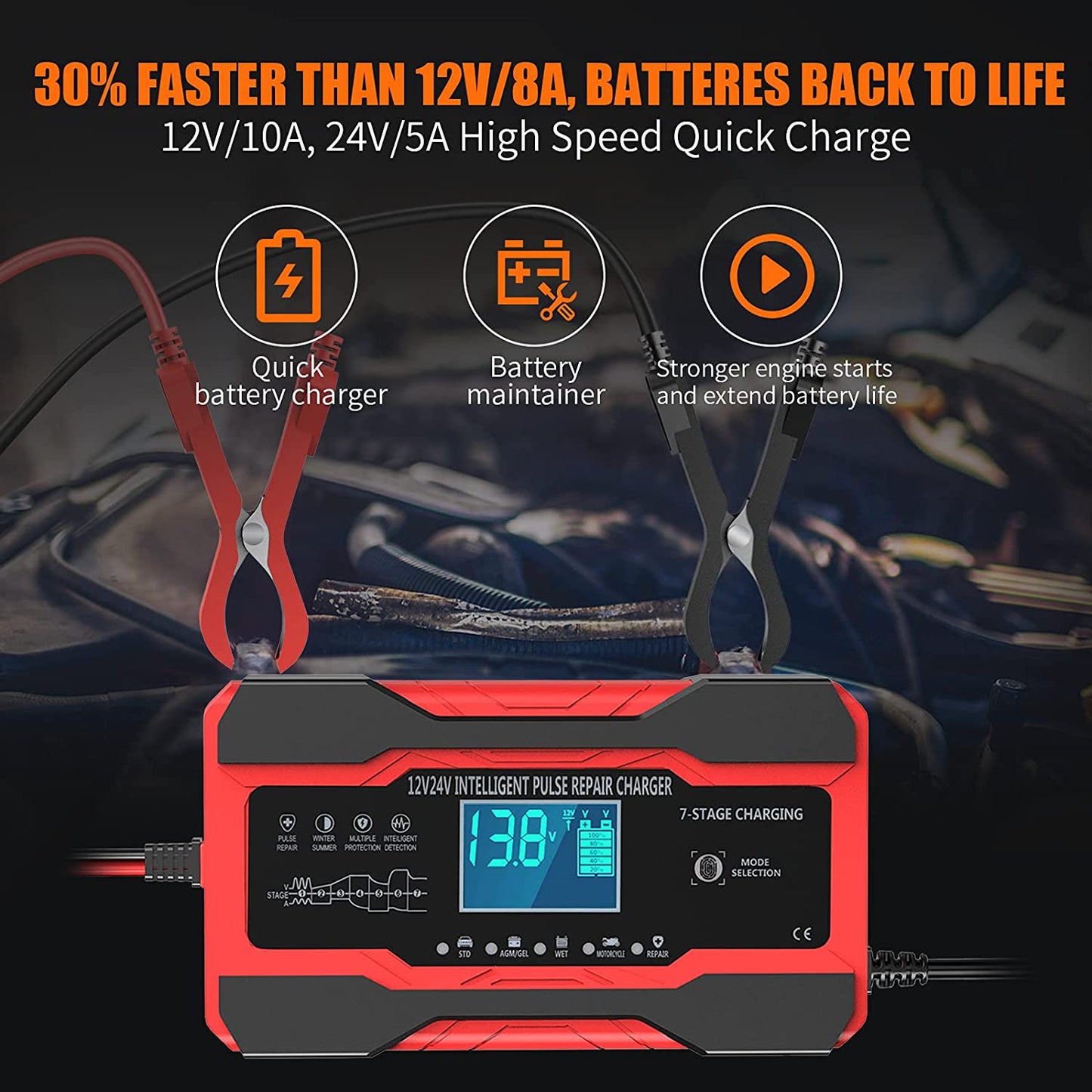 YONHAN Battery Charger 10-Amp 12V and 24V Fully-Automatic Smart Car Battery Charger, Battery Maintainer Trickle Charger, and Battery Desulfator with Temperature Compensation  YONHAN   