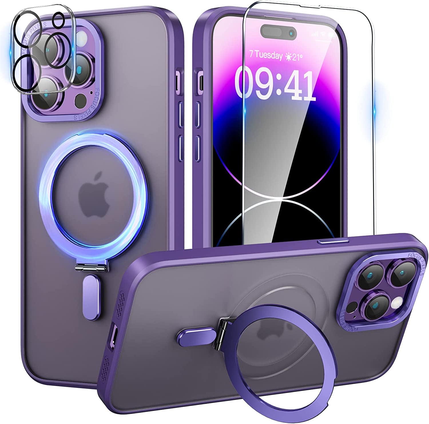 Niufoey Magnetic Stand Case for Iphone 14 Pro Max Case with Invisible Stand,[Compatible with Mag Safe][Translucent Matte Case][Tempered Glass Screen Protector+Camera Lens Protector] 6.7 Inch, Black  niufoey Deep Purple  