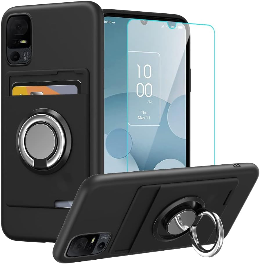 Anneey for Oneplus 11 5G Phone Case with Tempered Glass Screen Protector, Card Holder with Ring Stand Case for 1+ 11 5G Cover - Black  Anneey Tcl 40Xl  