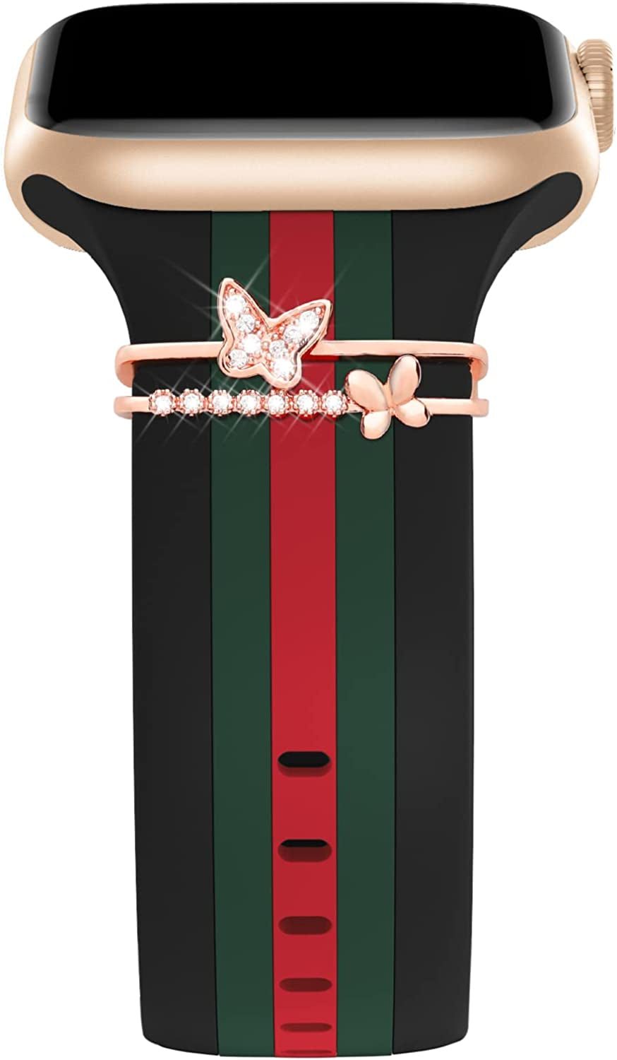 Designer Band with Charms Decor Compatible with Apple Watch Band 38Mm 40Mm 41Mm 42Mm 44Mm 45Mm 49Mm Women Men, Stylish Silicone Sport Wristbands for Iwatch Series 8 7 6 5 4 3 2 1 SE Ultra  Bagoplus Black/Green/Red-dou-butterfiy 38mm/40mm/41mm 