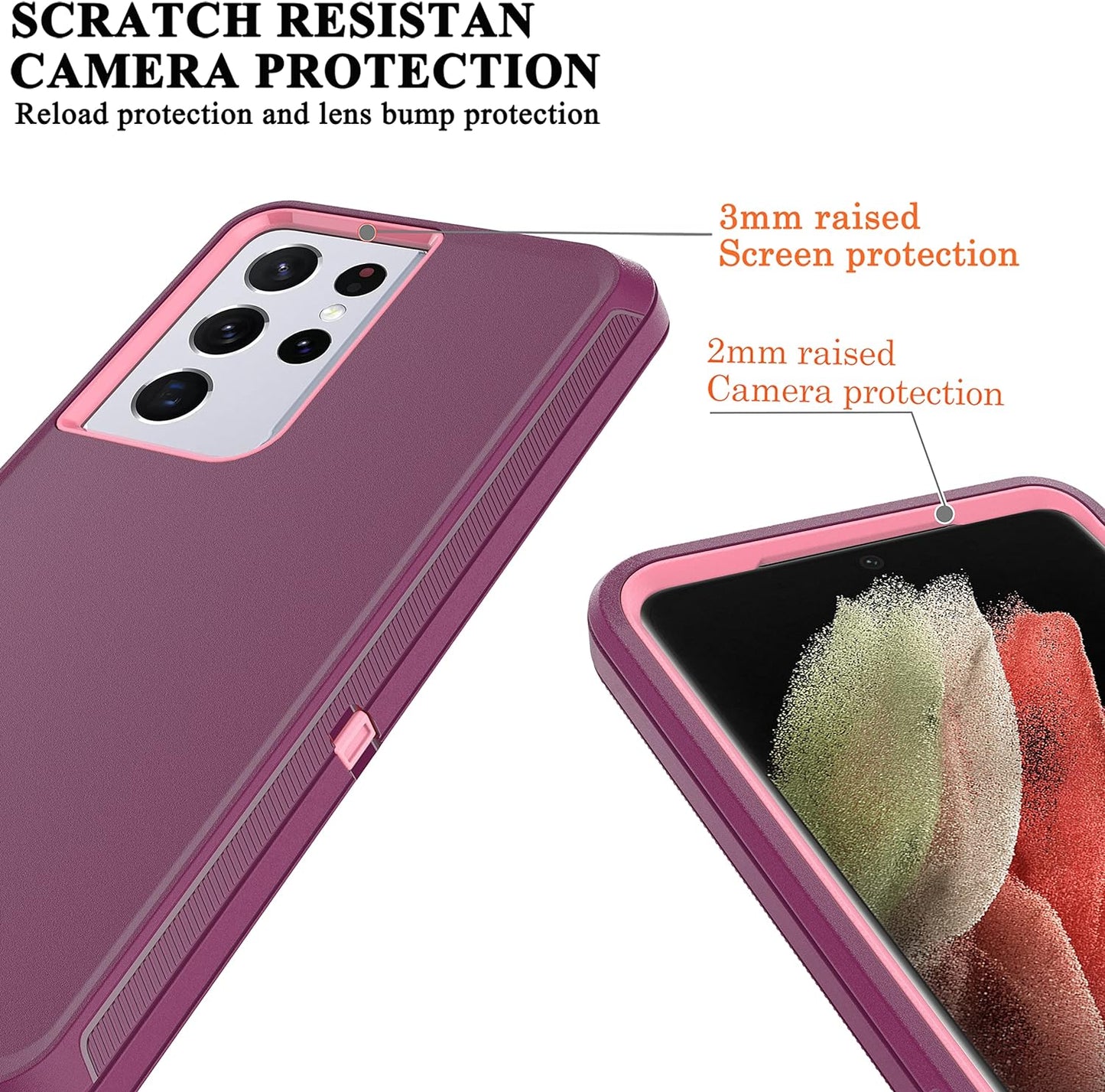 Ymhxcy Galaxy S21 Ultra Case with Self Healing Flexible TPU Film[2 Pack] and Camera Lens Screen Protective Film[2 Pack], Heavy Protection Cover for Samsung Galaxy S21 Ultra-Wine Red and Rose Pink  YmhxcY   