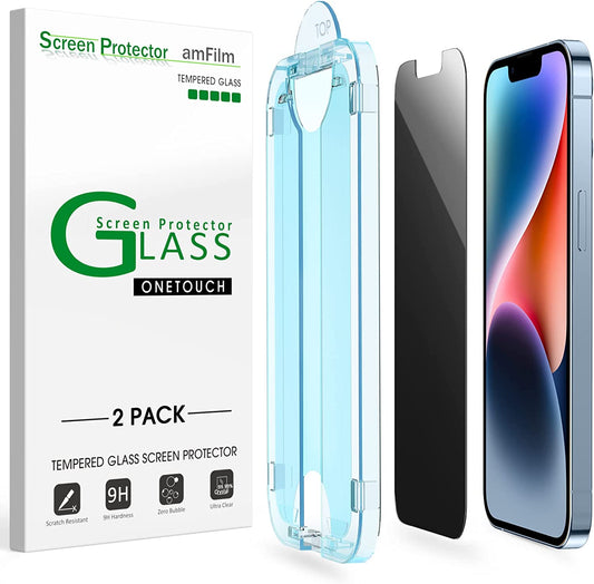 Amfilm (2 Pack) Onetouch Compatible with Iphone 14/Iphone 13/Iphone 13 Pro Privacy Screen Protector 9H Tempered Glass 6.1" anti Spy Private Edge to Edge Full Coverage with Easy Installation Kit  TechMatte   
