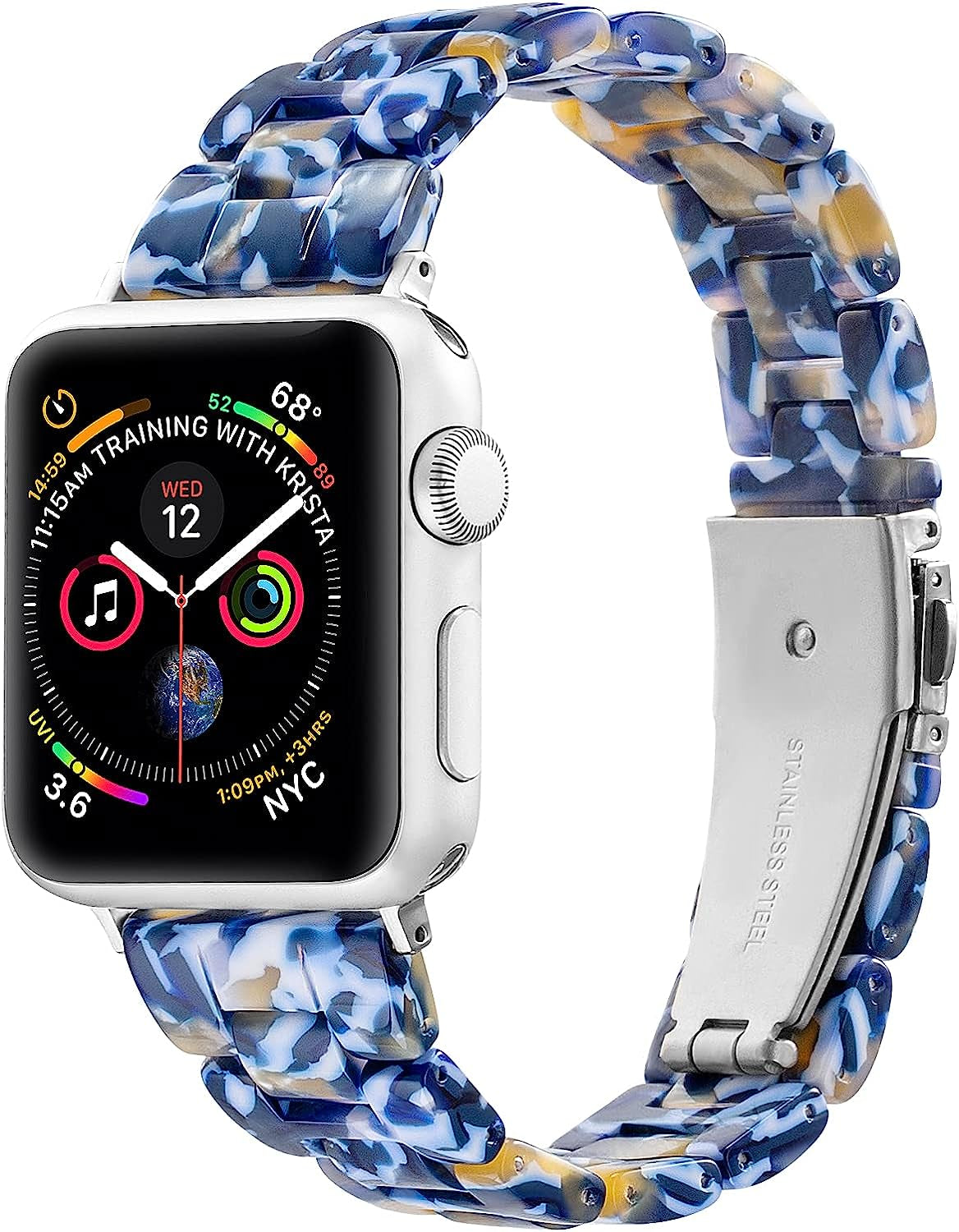 Sangaimei Light Fashion Resin Apple Watch Band with Stainless Steel Buckle Compatible Apple Watch Band 45Mm 44Mm 42Mm 41Mm 40Mm 38Mm Replacement Iwatch Series 8 7 6 5 4 3 2 1 SE for Women Starlight  SaNgaiMEi white blue 38mm/40mm/41mm 