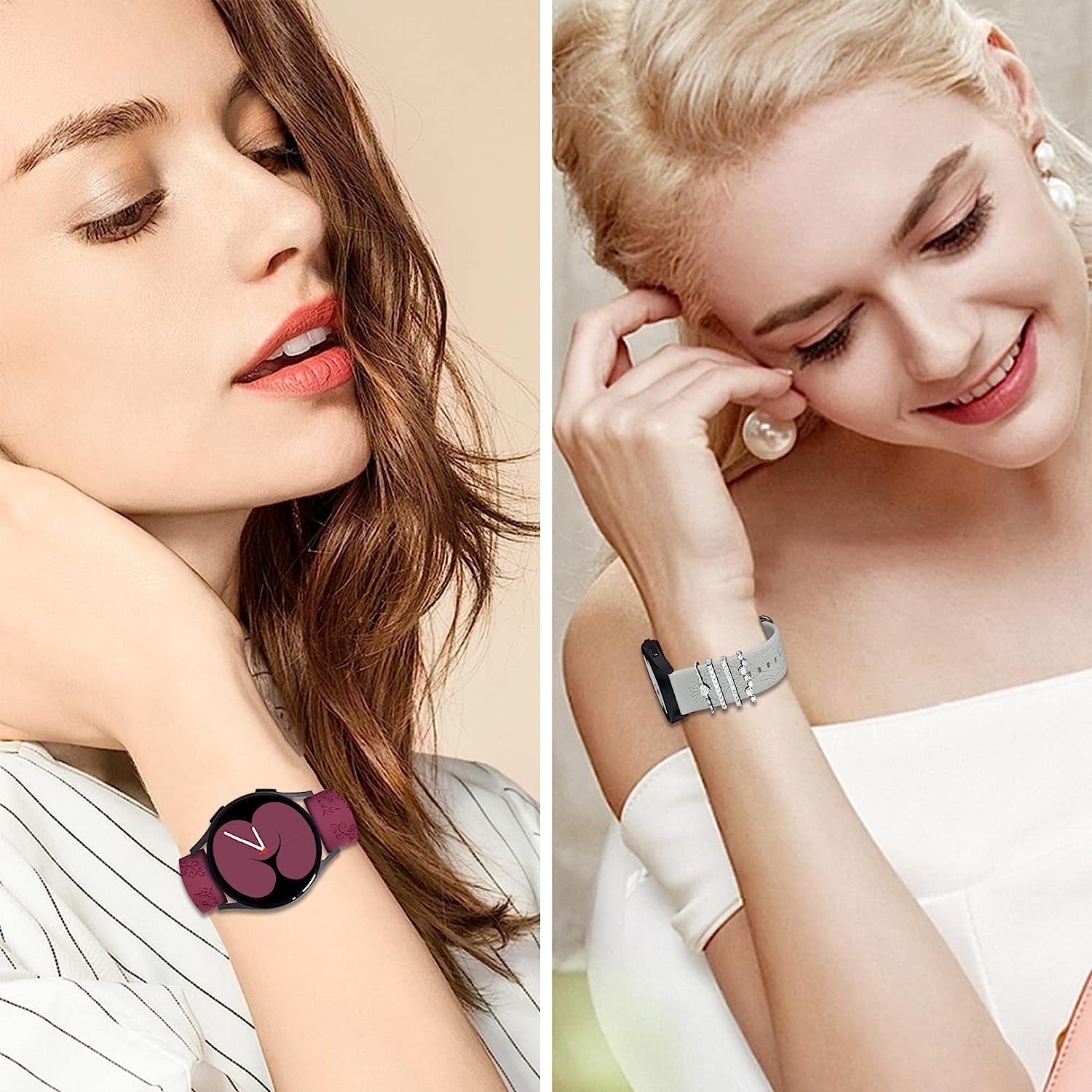 6 Pack Bands for Samsung Galaxy Watch 5 & 4 Band with 4 Charms, YOPICKERN 20Mm Women Floral Engraved Silicone Strap with Decorative Rings Loops for Active 2/Watch 5 Pro/Watch 4 Classic 46Mm 42Mm/Watch 3 41Mm  YOPICKERN   