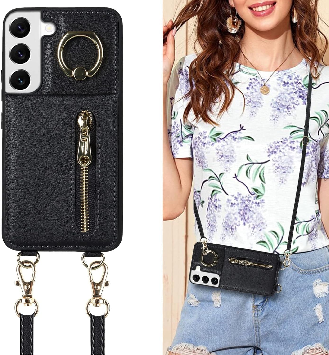 Jaorty Samsung Galaxy S22 5G Phone Case for Women with Card Holder,Samsung S22 Case Wallet Crossbody Lanyard with Strap,Credit Card Slots Kickstand Case with Ring Holder,6.1 Inch,Black  Jaorty 2-Angle Ring Stand - Black  