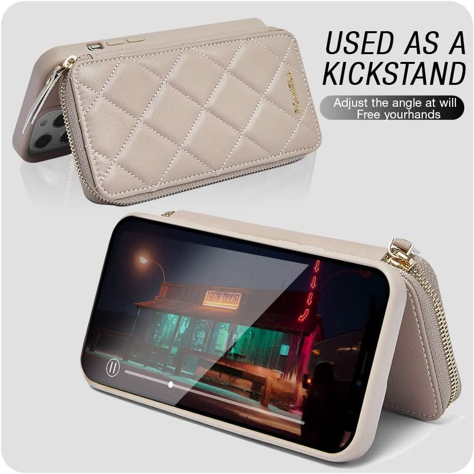 JLFCH Iphone 13 Pro Wallet Case Quilted Leather Women Flip Purse with Crossbody Strap Zipper Support Magsafe Wireless Charging RFID Blocking, ROMIELA Series Iphone 13 Pro 6.1 Inch - Apricot  JLFCH   