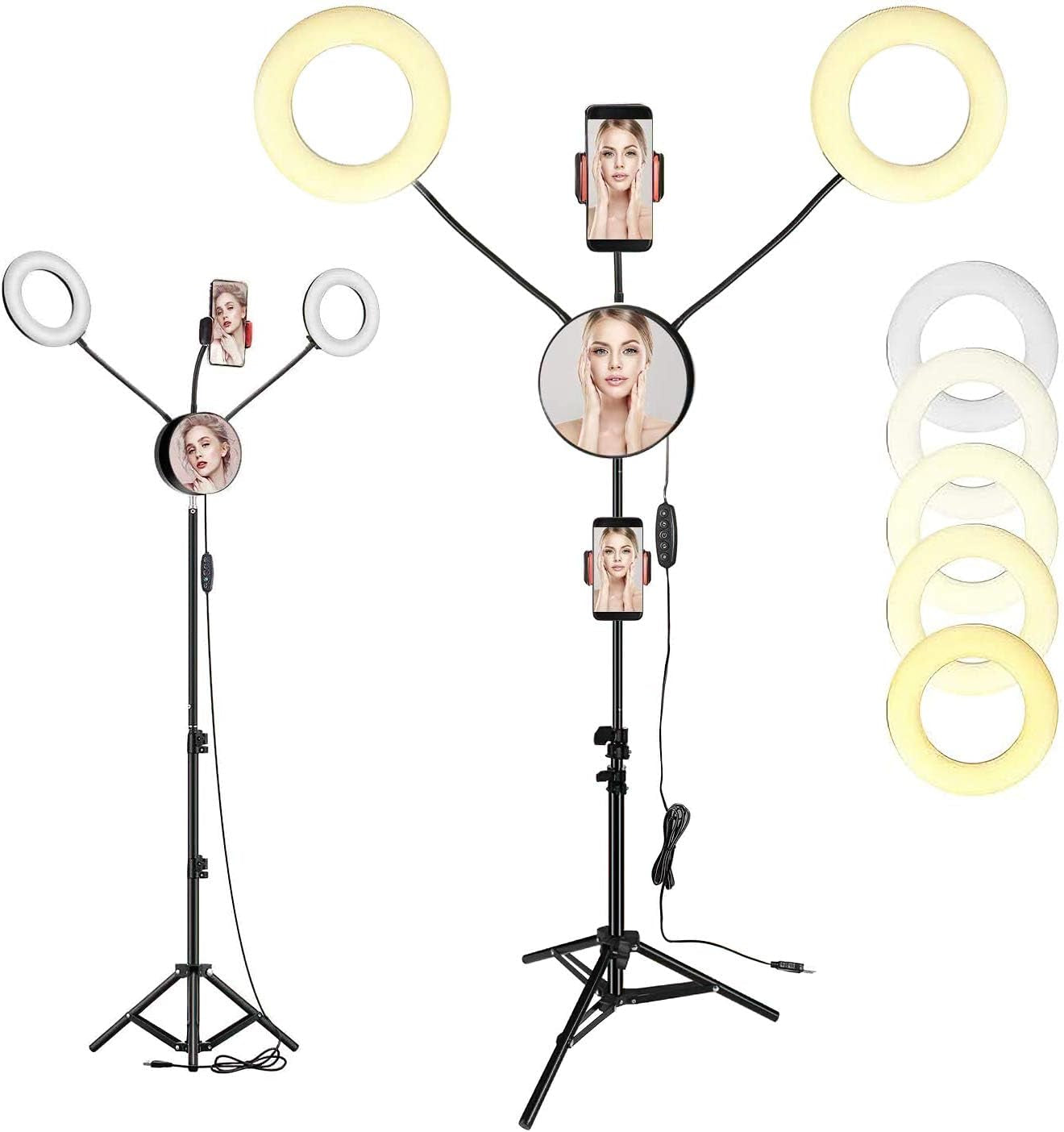 GIM 4.6 Inch LED Ring Light Lamp with Tripod Stand With5 Color 6 Level Selfie Ringlight & Removable Mirror& Phone Holder & Remote Control for Makeup and Video  GIM   