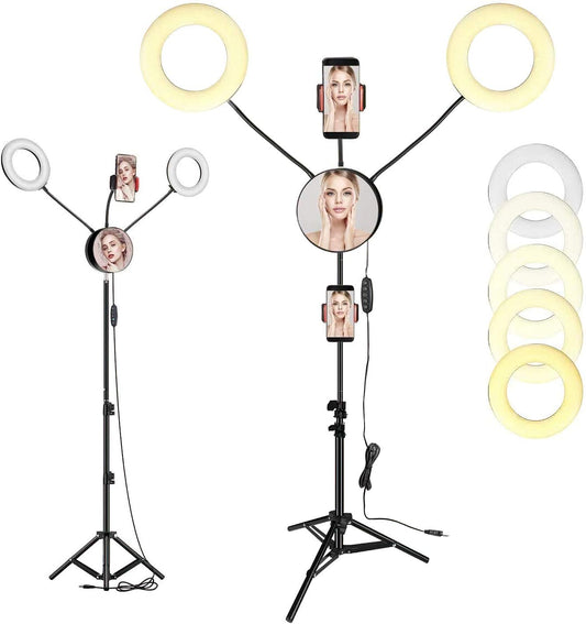 GIM 4.6 Inch LED Ring Light Lamp with Tripod Stand With5 Color 6 Level Selfie Ringlight & Removable Mirror& Phone Holder & Remote Control for Makeup and Video  GIM   