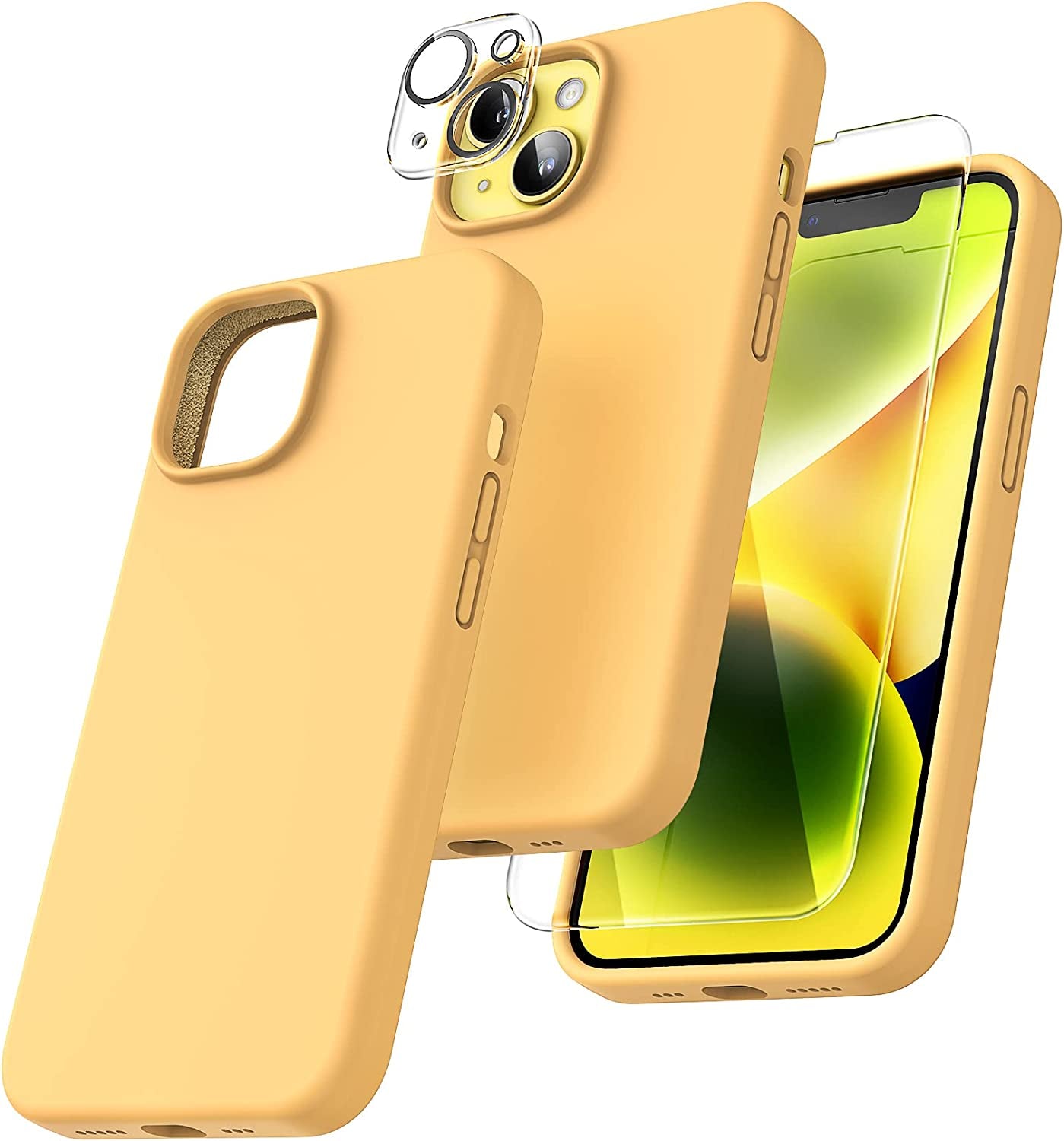 TOCOL [5 in 1 Designed for Iphone 14 Case, with 2 Pack Screen Protector + 2 Pack Camera Lens Protector, Liquid Silicone Phone Case 6.1 Inch, [Anti-Scratch] [Drop Protection], Blue  TOCOL Sunglow Orange  