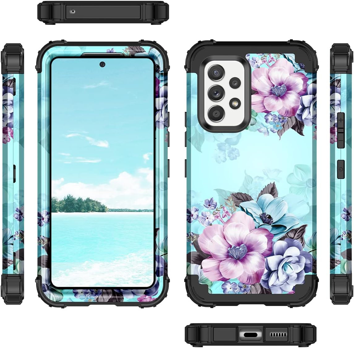 Casetego Compatible with Galaxy A53 5G Case,Floral Three Layer Heavy Duty Sturdy Shockproof Full Body Protective Cover Case for Samsung Galaxy A53 5G,Blue Flower  Casetego   