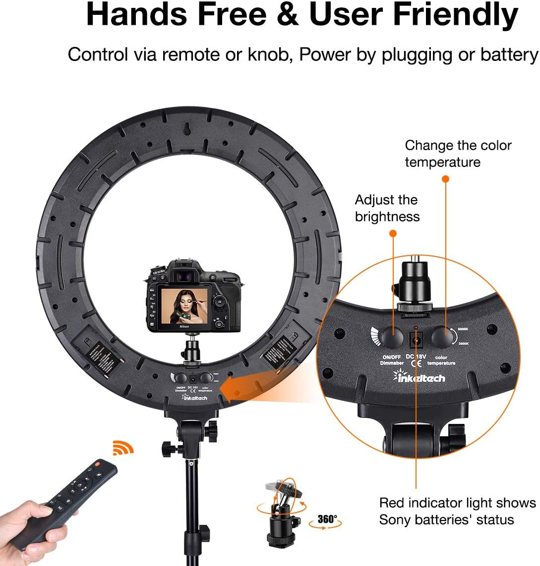Inkeltech Ring Light - 18 Inch 60 W Dimmable LED Ring Light Kit with Stand - Adjustable 3000-6000 K Color Temperature Lighting for Vlog, Makeup, Youtube, Camera, Photo, Video - Control with Remote  INKELTECH   