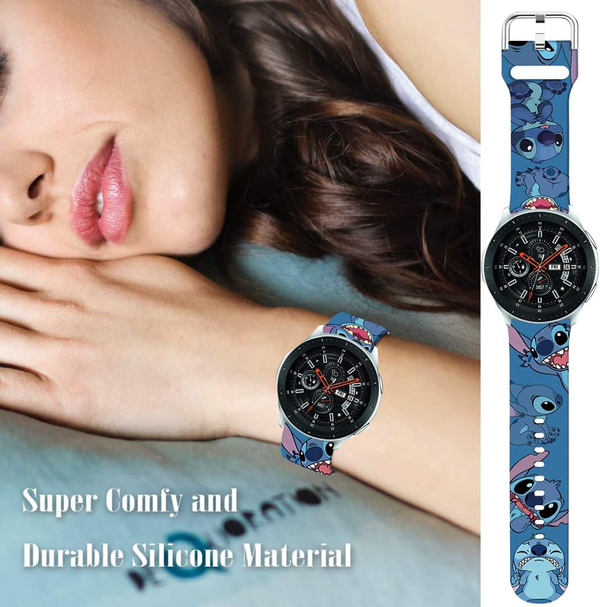 Sjiangqiao Stitch Bands Compatible with Samsung Galaxy Watch 46Mm/Watch 3 45Mm/Gear S3 Frontier/Classic/Pebble Time/Garmin 945/Vivoactive 4/Fossil Q Soft Silicone Chic Cute Cartoon Sports Band Lovely Style Replacement Strap Men Women(Blue-Stitch)  Sjiangqiao   